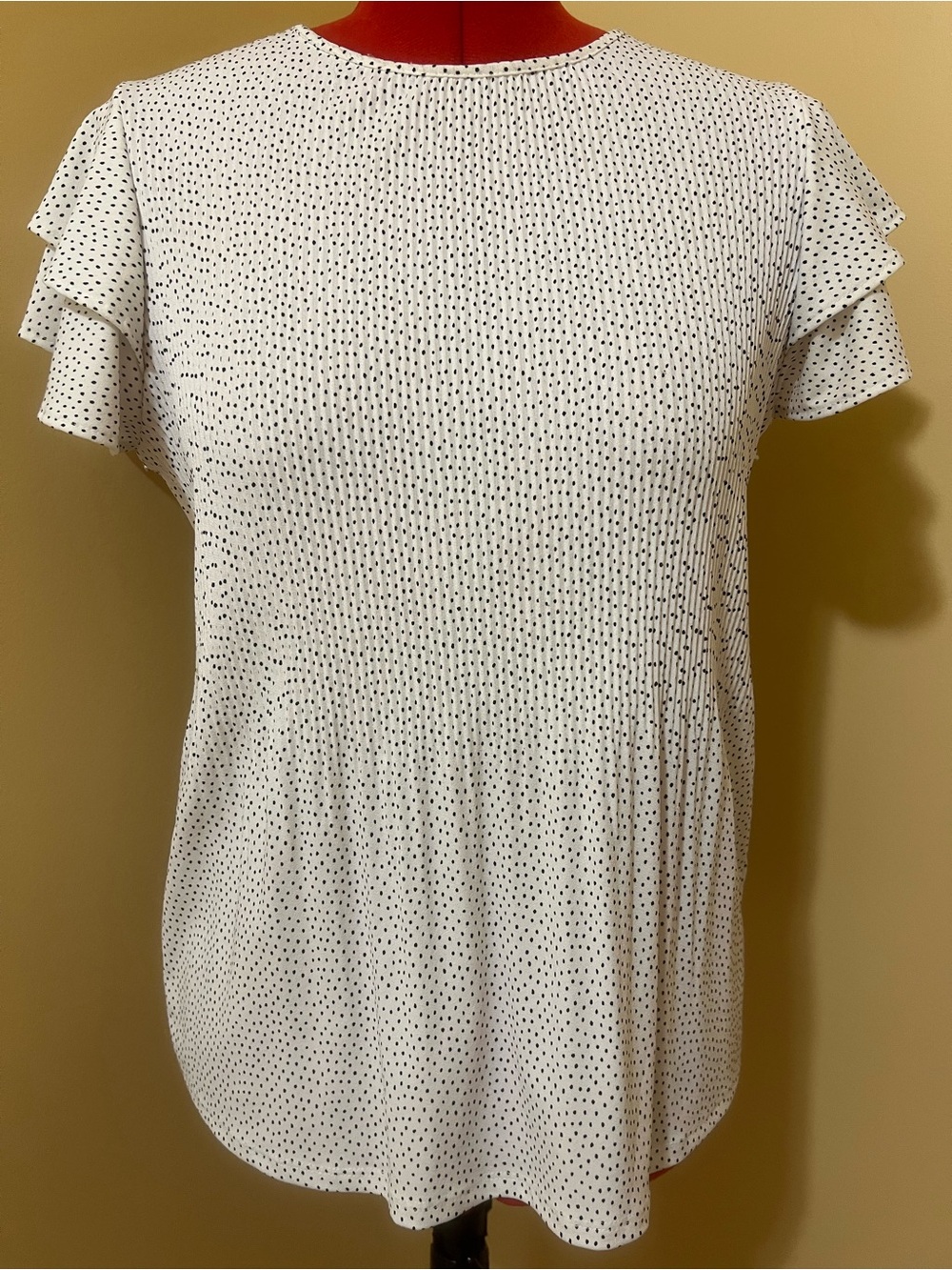 Adrianna Papell White Top with Black Polka Dots and Flutter Sleeves